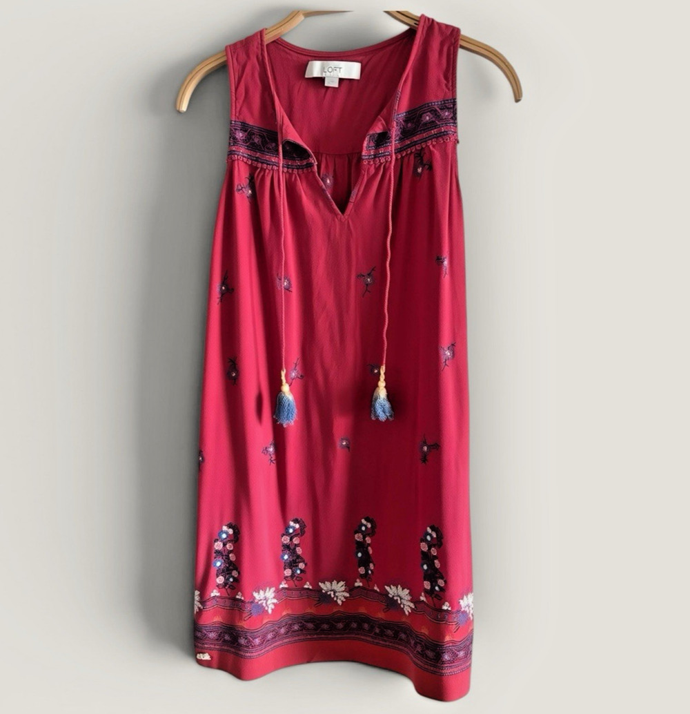 LOFT Terra Cotta Red Folk Embroidered Peasant Hippie Shift Dress/Top XS S